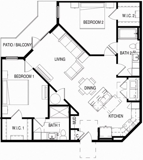 Floor plan for 2 beds, 2 baths, 1113 sqft